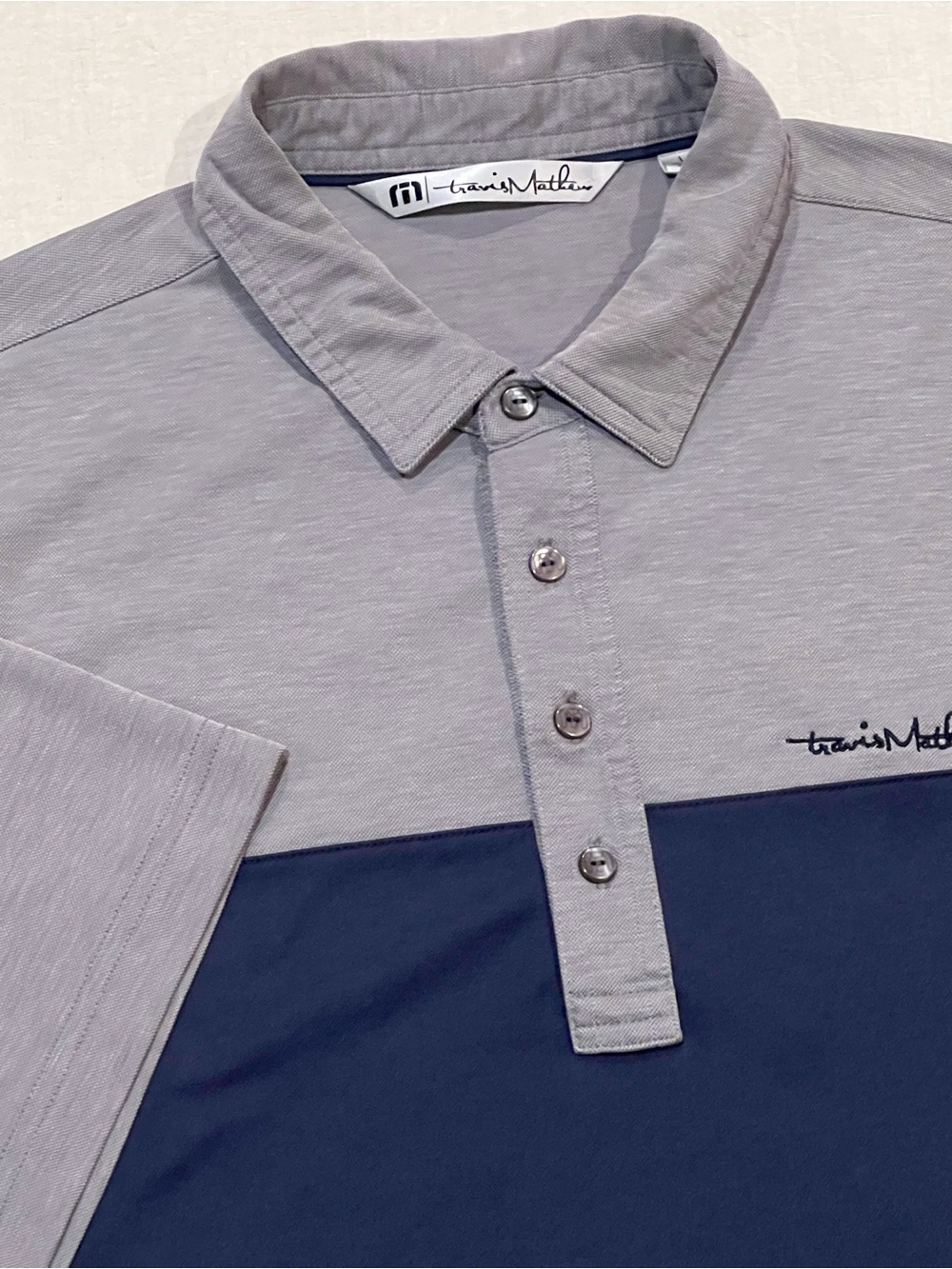 Travis Mathew Men’s Large Colorblock Gray & Navy Golf Polo Shirt